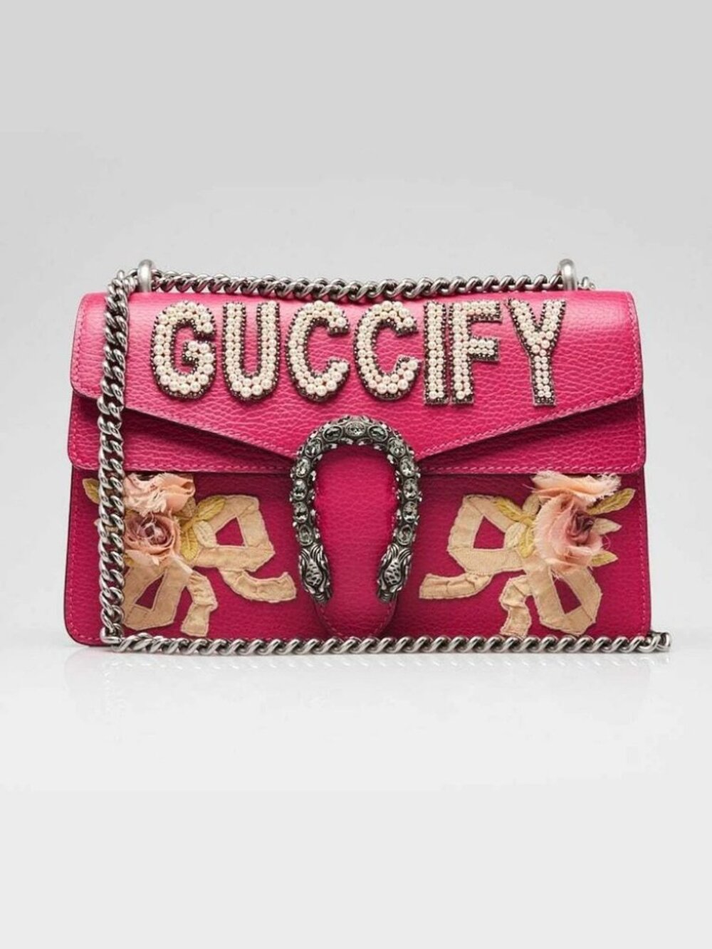Gucci Rosa Pebbled Leather GUCCIFY Pearl Embellished Dionysus Small Shoulder Bag